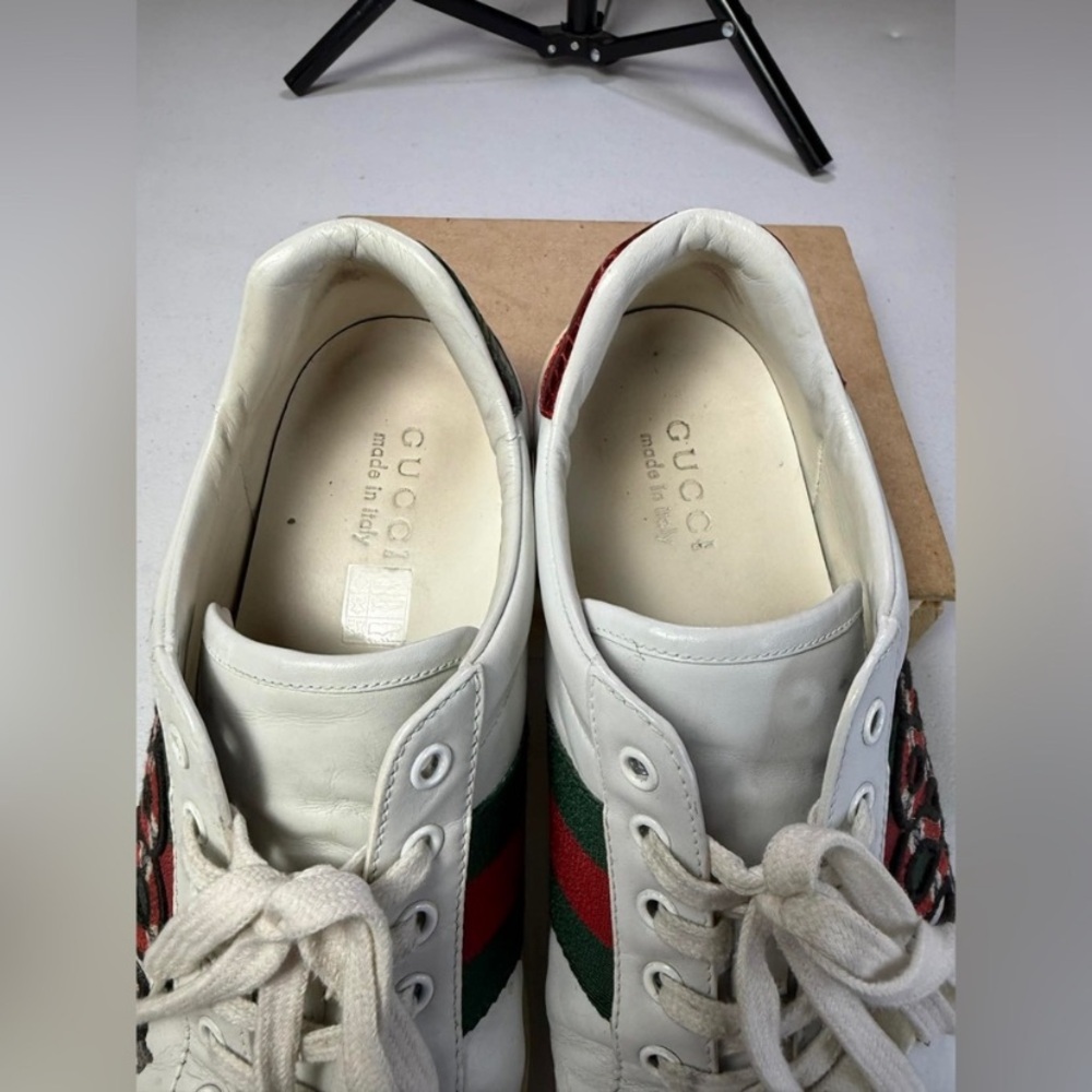 Mens Gucci Ace Embroidered Low Top Sneaker White Leather Snake Size 8 Used - Picture 9 of 16
